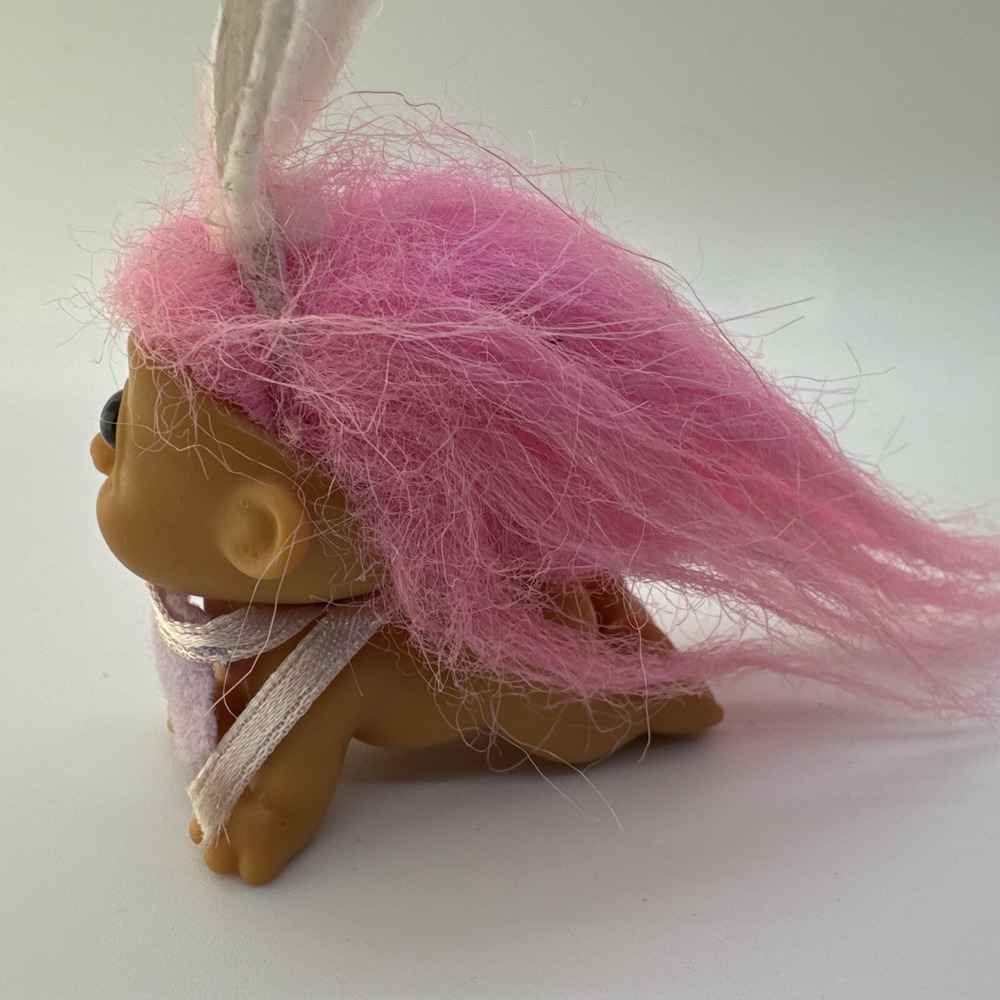 Vintage Easter Troll Doll Crawling Baby, Pink Hair, Purple Bib Bunny Ears - Picture 4 of 6